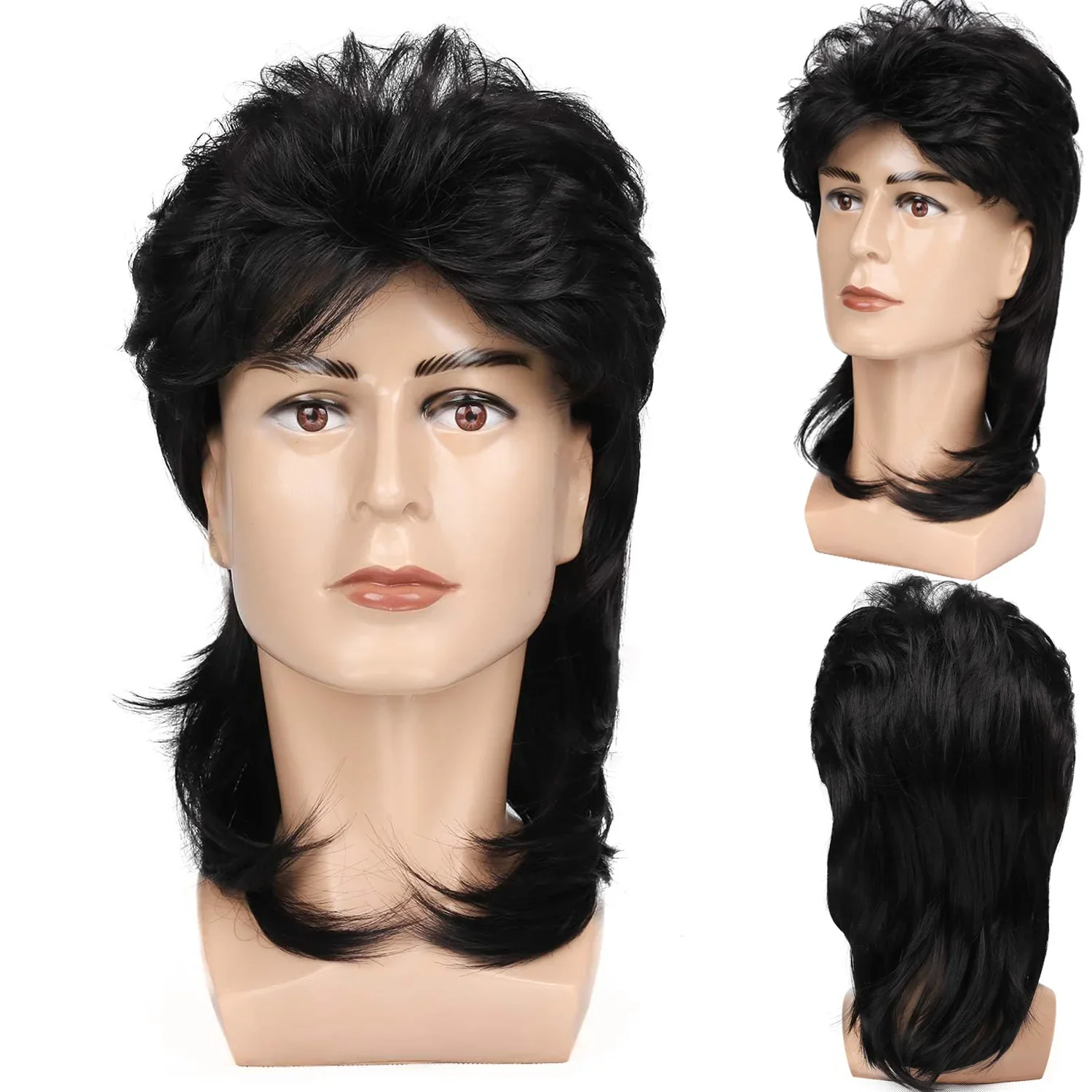Peluca sintética de corte mullet para hombre, peinado rockero de los años 80, fibra resistente al calor, disfraz de cosplay, uso diario, accesorio divertido de anime