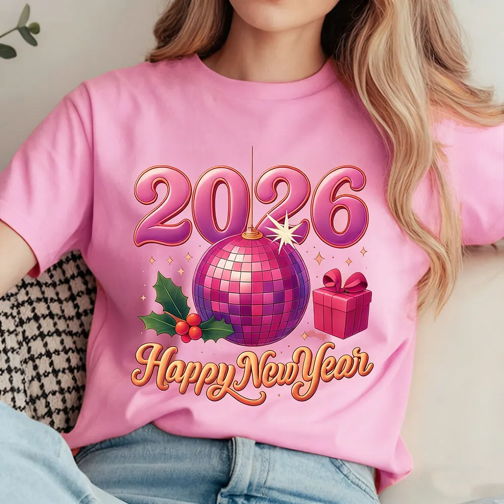 سنة سعيدة 2026 العصرية ليلة رأس السنة المرأة قميص السنة الجديدة الجرافيك تي شيرت الرجعية السنة الجديدة ديسكو الكرة الجرافيك Y2k بلايز القمصان #3