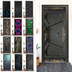 Black Simulation Door Stickers Wallpaper Modern Technology Style PVC Self-adhesive Bedroom Mural Sticker Living Room Boy Home