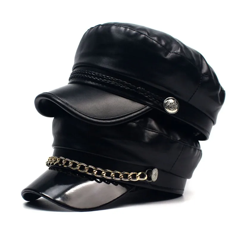 1pc Faux Leather Newsboy Cap Gold Chain Decor Flat Brim Military Style Baker Boy Hat Vintage Fashion Peaked Cap for Daily Outfit