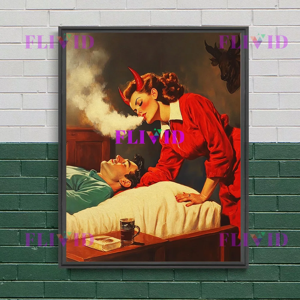 Temptation From The Succubus,Modern Art Poster And Print,The Desire Demon In The Bar,Funny Gothic Wall Art Canvas Painting