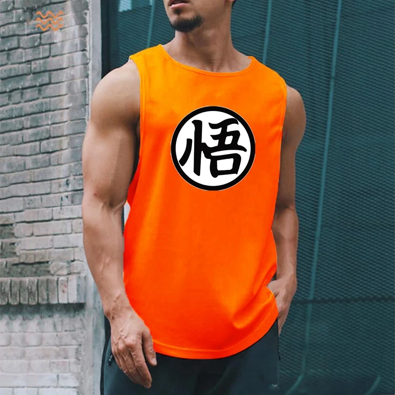 

Japanese Anime Logo Wu Font Printed Mens Gym Clothing Fitness Singlets Quick Dry Bodybuilding Tank Tops Muscle Shirt Sports Vest