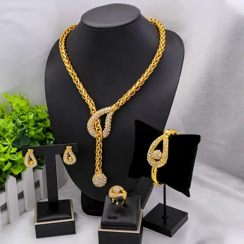 Dubai 24K Gold Plated Gold Women Jewelry Sets Classic Design Necklace Earrings Charm Bracelet Ring Banquet Party Jewelry