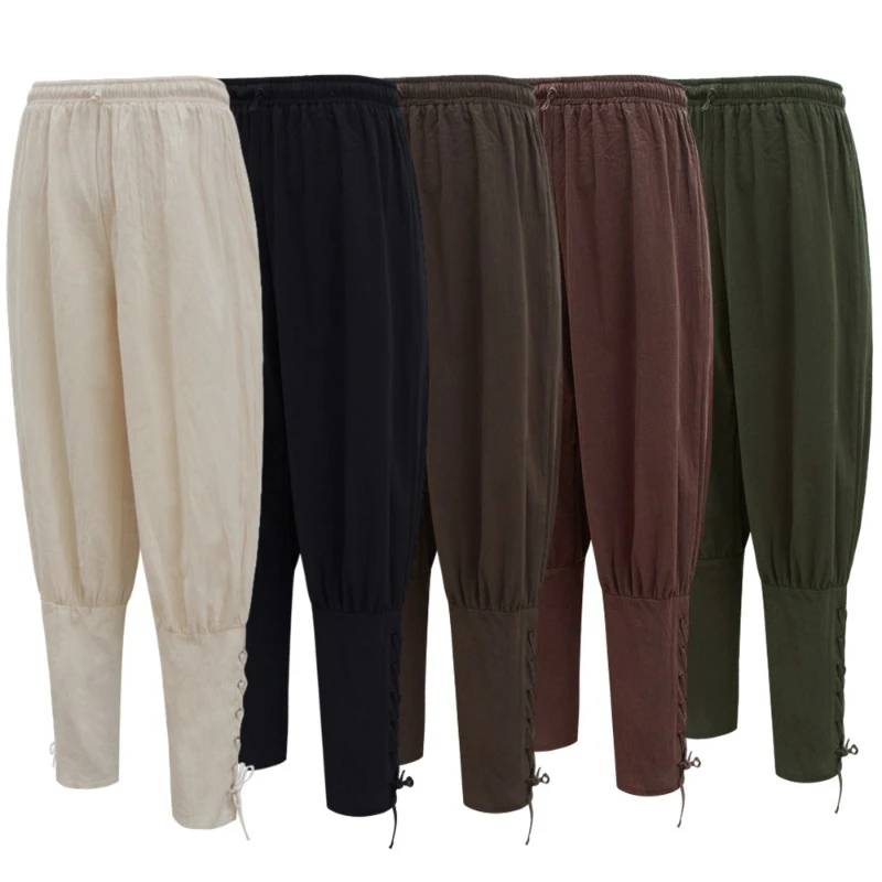 

Medieval Style Solid Color Casual Long Trousers Women Men Loose Fit Lace-Up Decor Tapered Leg Full Length Pants Retro Vintage