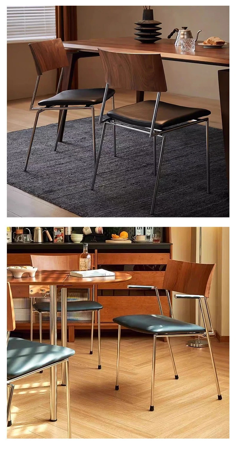Retro casual study dining bar stainless steel seat solid wood back chair