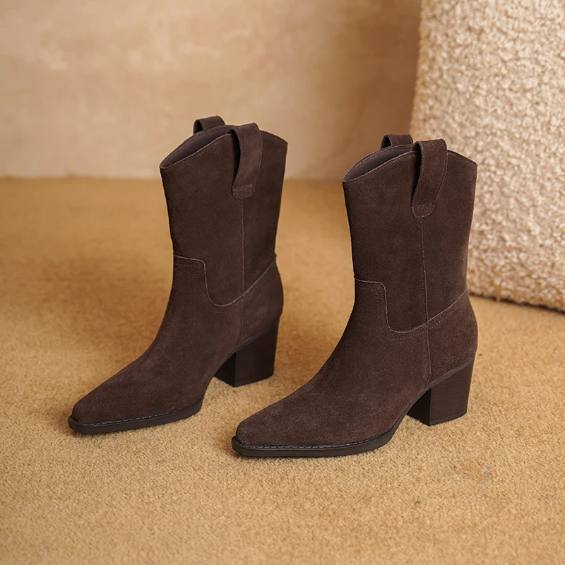 ESVEVA Fashion Cow Suede Women Ankle Boots Winter Shoes Autumn Pointed Toe Western Leather Sexy High Heels Short Boots 34-40