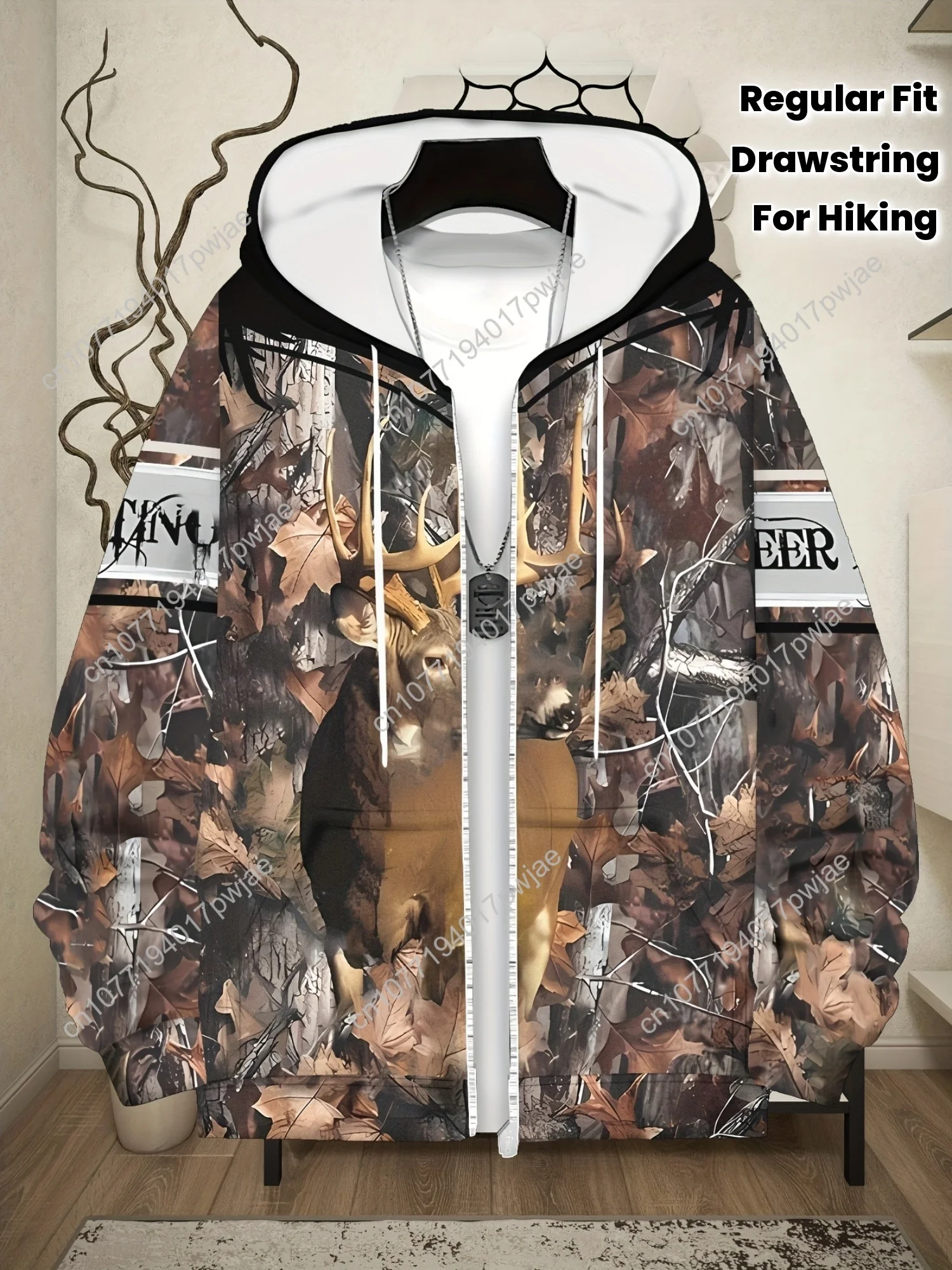 Мужская куртка с капюшоном и камуфляжным принтом оленя — зимнее пальто с длинными рукавами и молнией спереди, капюшоном и карманами на шнурке, обычная посадка Aut