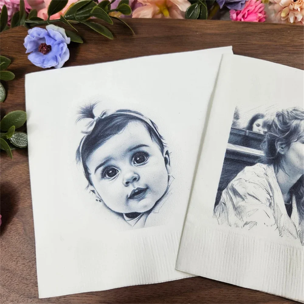 Custom Sketch Cocktail Napkins, Pencil Sketch Portrait Napkins, Custom Wedding Napkins from Photo with Face. Personalized Cockta