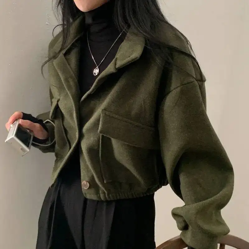 

Autumn And Winter Loose For Women's Pocket Stand Collar Top Long Sleeve Button Hong Kong Style Wool Coat