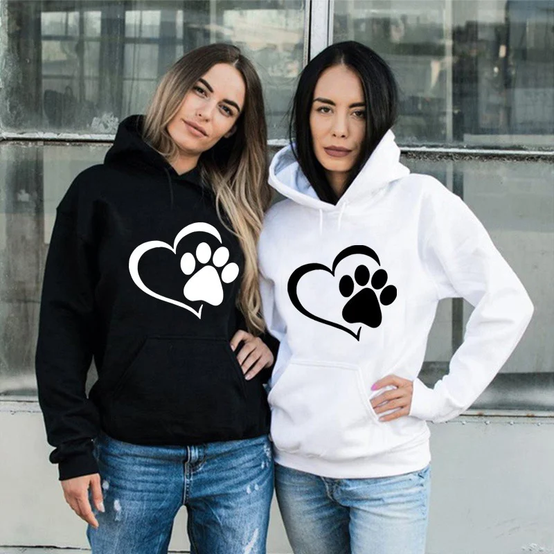 Cute Dog Paw and Heart Shape Print Hoodies Women Casual Long Sleeve Hoodies Autumn Winter Pullovers Plus Size