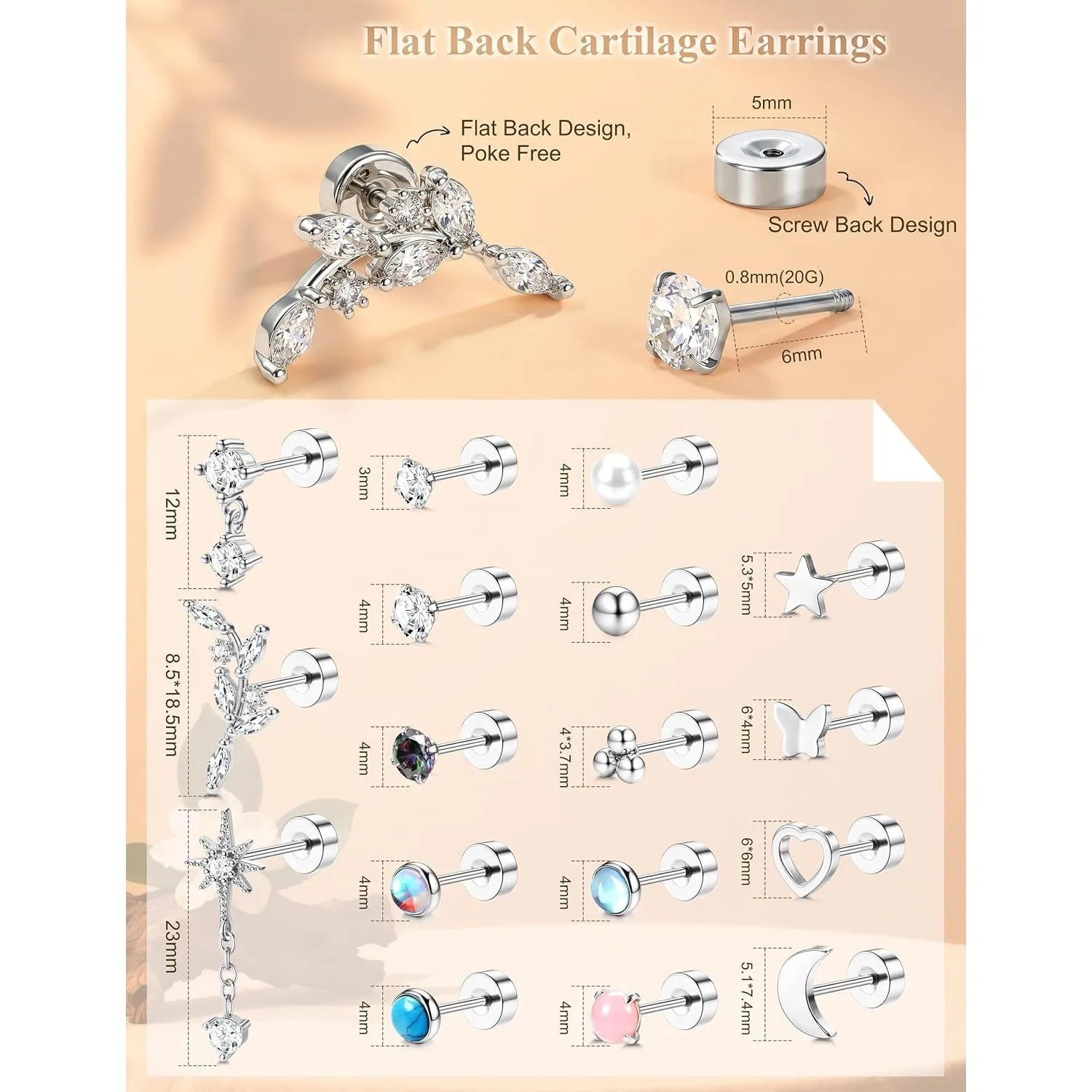 Bobisty 2 Piece Flat Back Earrings Surgical Steel Earrings for Women Dangle Small Stud Earrings Cartilage Helix Piercing Jewelry