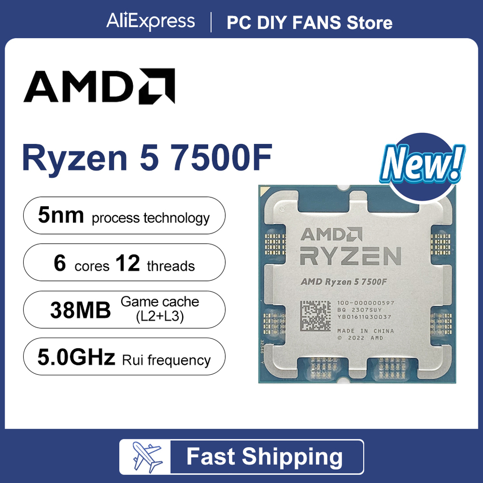 AMD New Ryzen 5 7500F R5 7500F 3.7GHz 6-Core 12-Thread CPU 5NM L3=32M 100-000001015 Socket AM5 Tray but without cooler