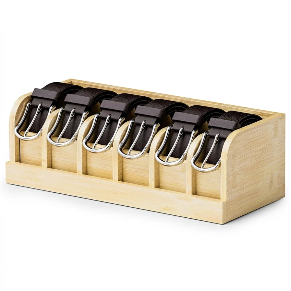 New Bamboo Belt Organizer Space Saving Multi-Functional Belt Rack 6 Compartments Eco-Friendly Belt Storage Box Dressing Room