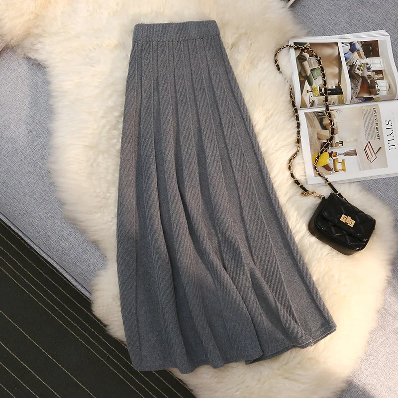 

Knitted Skirt Autumn Winter 2024 New High Waist A- line Slimming Hip Covering Wool Pleated Mid-length Umbrella Skirt