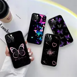 Butterfly Love Black Phone Case for iPhone 11 15 16 Pro Max Case Coque 14 Plus 13 Pro 12 11 XS 16 8 SE 2020 15Pro TPU Soft Cover