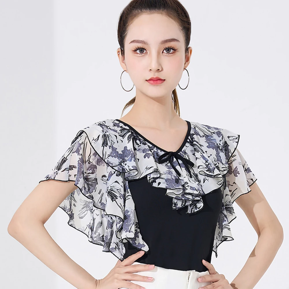 

Black Ballroom Dance New Arrival Latin Dance Top Ruffled Women's Printed Row Dance Shirt V-Neck Short-Sleeved Samba