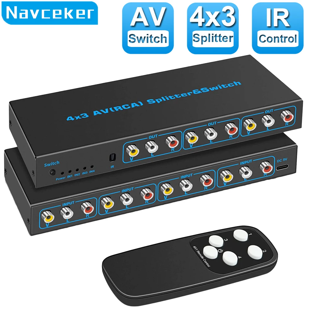 

4 Way RCA Switch 4 in 3 Out AV Switch RCA Switcher Box Video L/R Stereo Audio AV Selector Box 4X3 Composite Switcher for DVD PS2