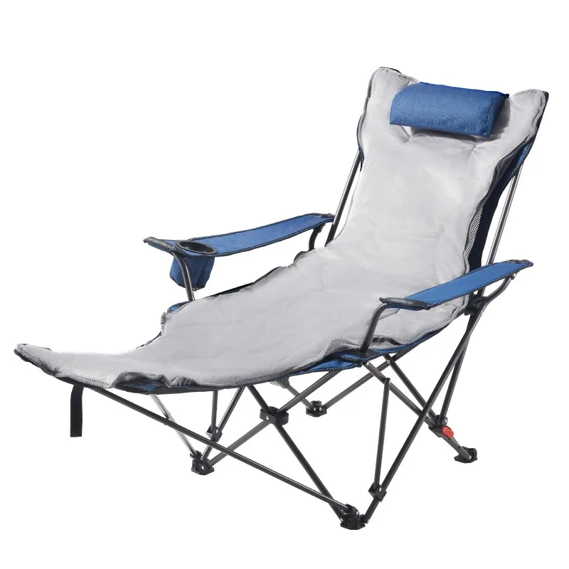Portable Reclining Camping Chair with Footrest & Cushion - Blue