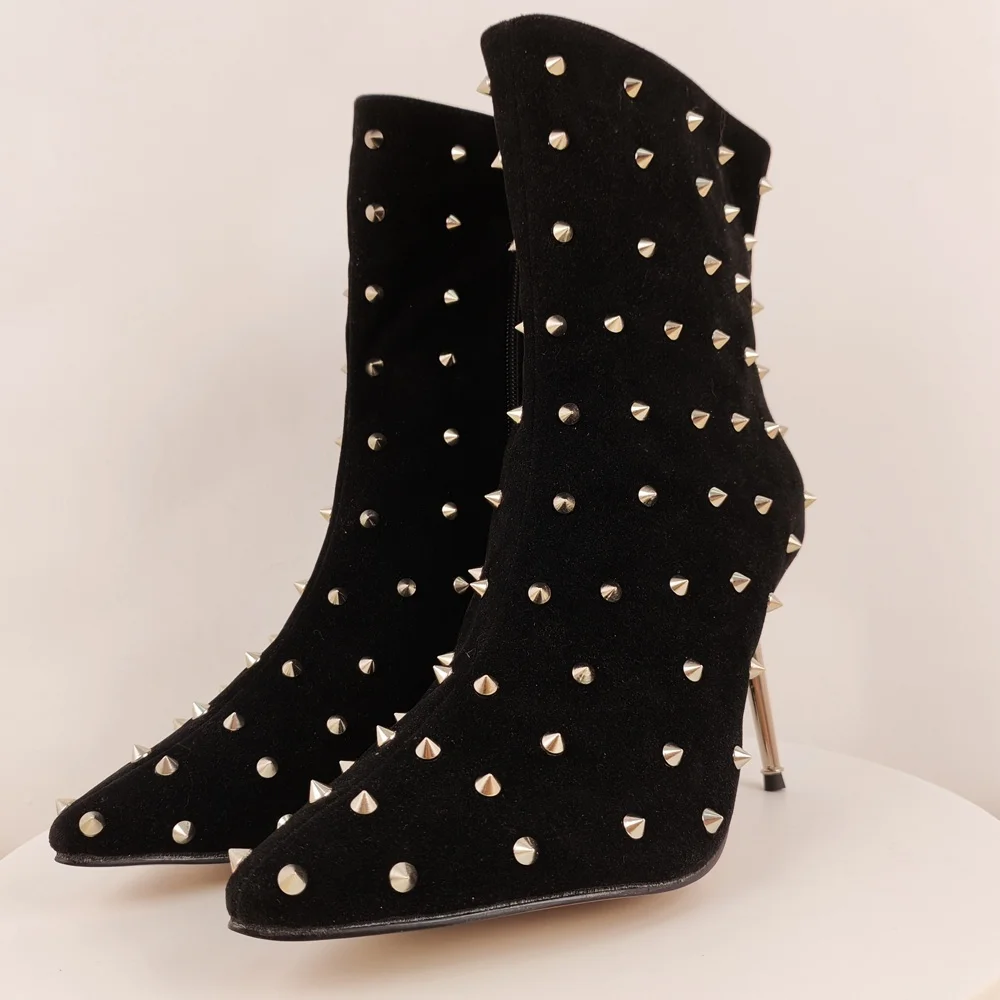 

Women's Black Suede Stiletto Ankle Boots Fashionable Pointed High Heel Boots with Metallic Stud Detail Glamorous Edgy Footwear