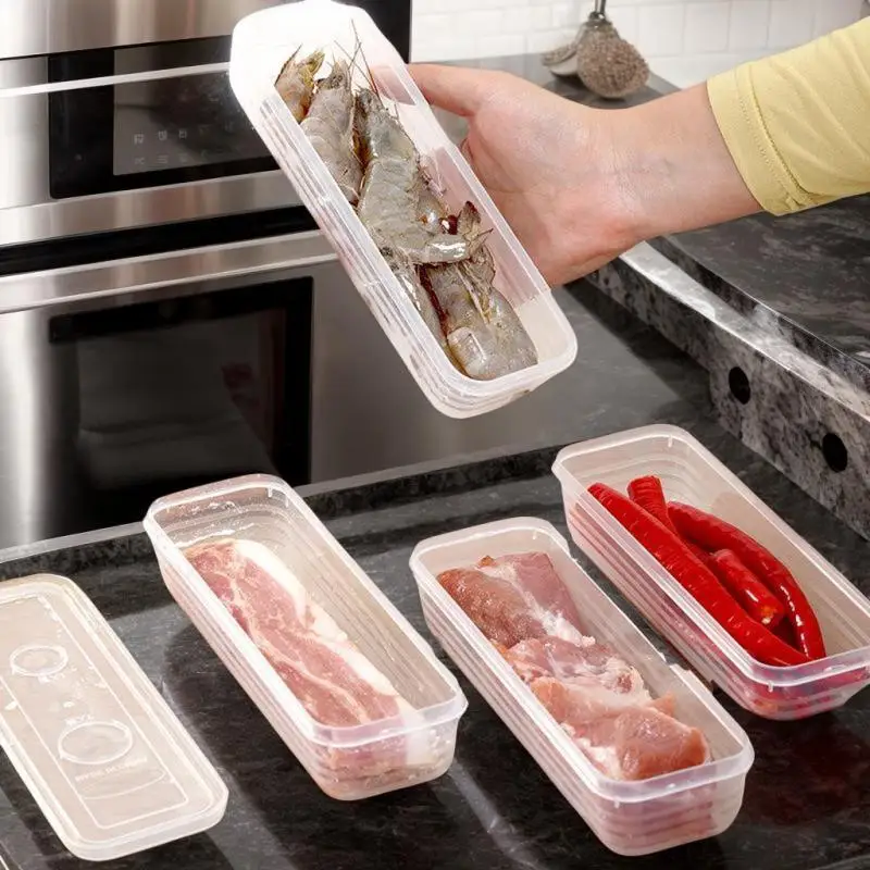 هوا هوا 1/4 قطعة حاويات تخزين المواد الغذائية المستطيلة الطويلة البلاستيكية القابلة لإعادة الاستخدام الثلاجة المنظم صناديق اكسسوارات المطبخ
