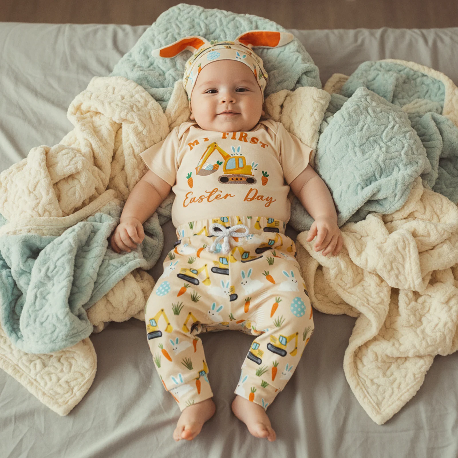 Baby Boy Easter Outfits Excavator Bunny Carrot Short Sleeve Rompers Pants and Ears Hat Newborn Clothes