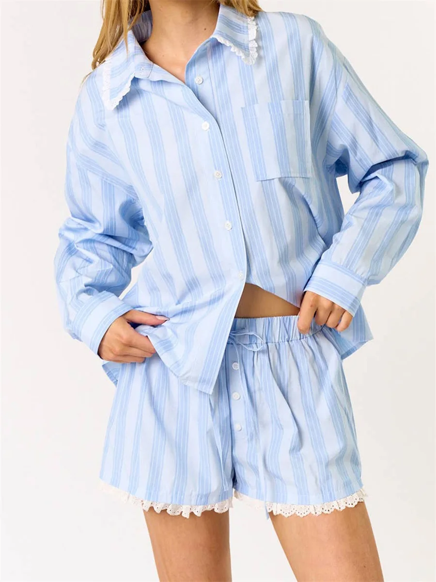 

Women’s Casual Long Sleeve Lace Trim Shirt Shorts Set 2 Piece Outfits Summer Clothes