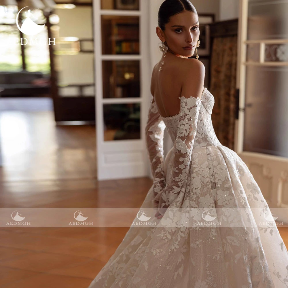 Aedmgh A-Line Elegant Wedding Dresses Strapless Long Sleeve Vestido De Novia Lace Embroidery Princess Custom Made Bridal Gown
