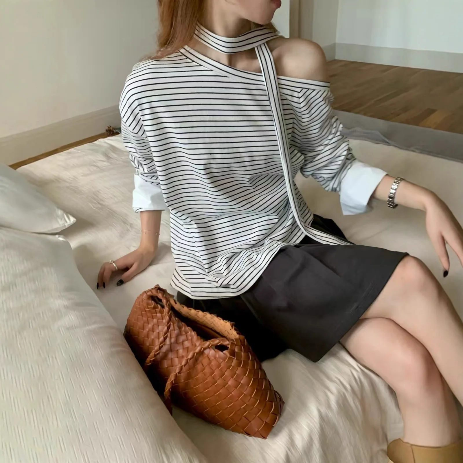 

Korean Version of Striped Squint Neck Halterneck Streamer Long Sleeve T-shirt Autumn New Women's Slimming Top