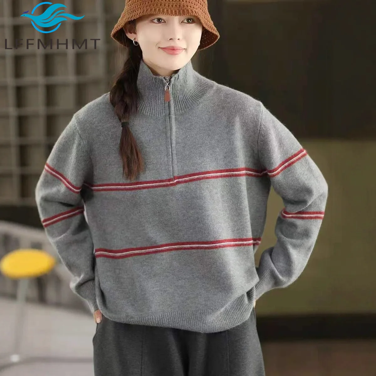

Women's Winter Warm Pullover Sweater with 30% Wool Fashion Striped Half-Zip Knit Design for Soft and Cozy Look