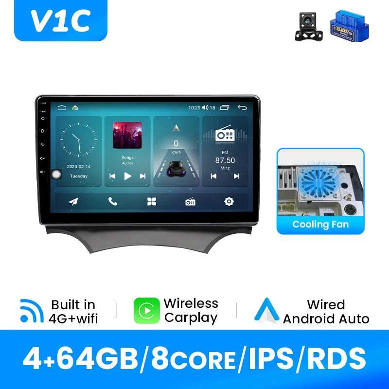 9Inch 2Din Android 14 Autoradio Voor Ford KA 2008-2014 Draadloze CarPlay Android Auto 1280*720 HD Touchscreen GPS DSP 4G Wifi