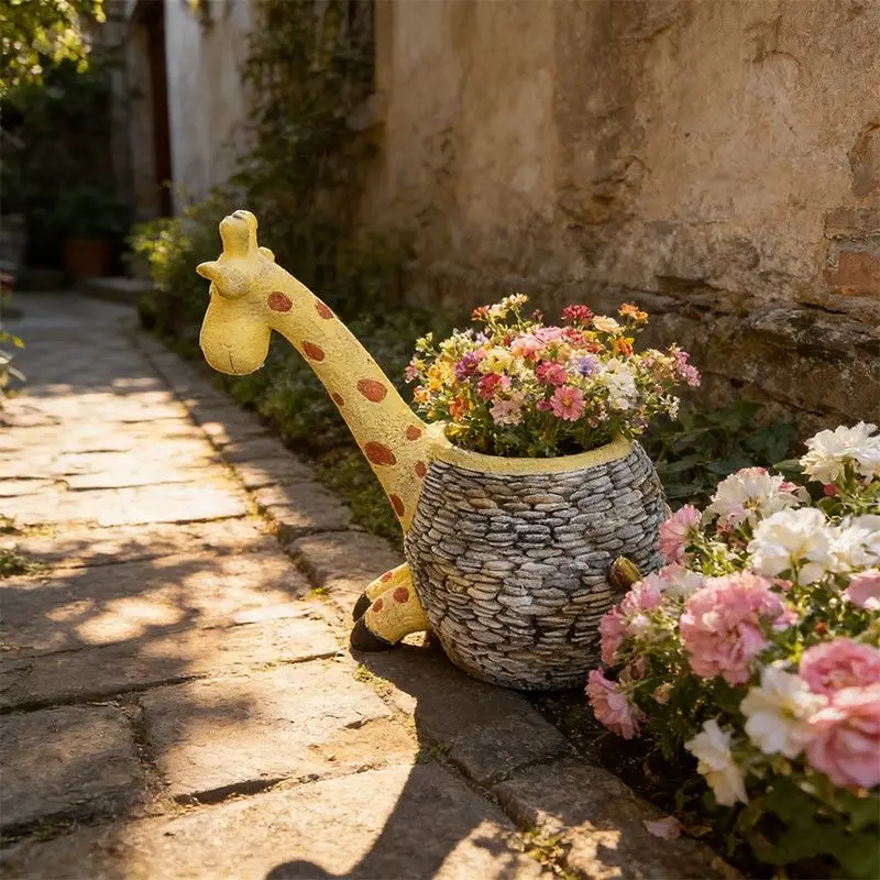 Outdoor garden cute animal shaped flower pot giraffe sculpture ornament creative stone texture potted plant decor