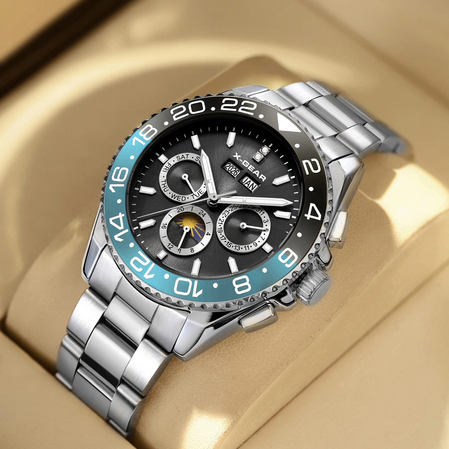 남성용 자동 달의 위상 시계 스테인레스 스틸 50M 방 - Chronograph Flyback Watch 리뷰 및 가격