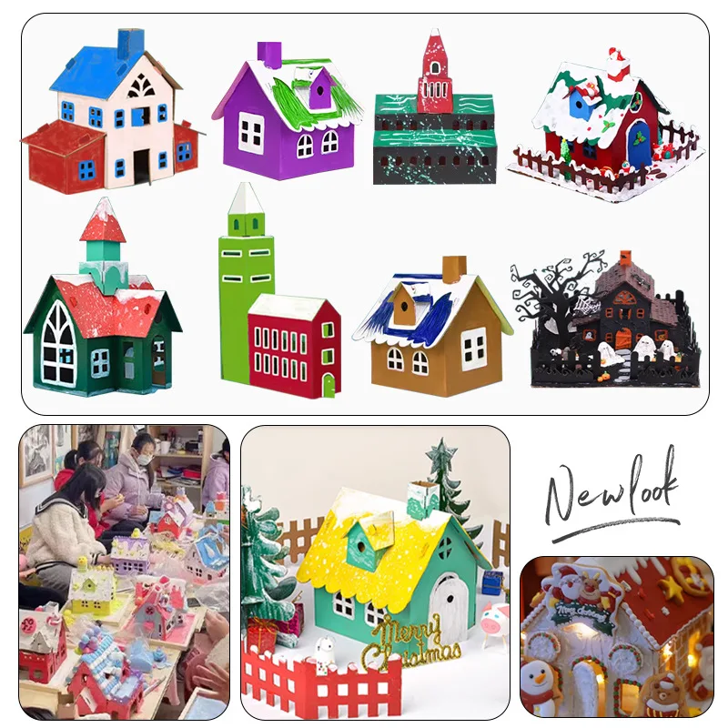 1SET Christmas DIY Paper House Multi Type Xmas Houses Tree Fence Set For Noel Home Decoration Kids DIY Painting Crafts Gifts New