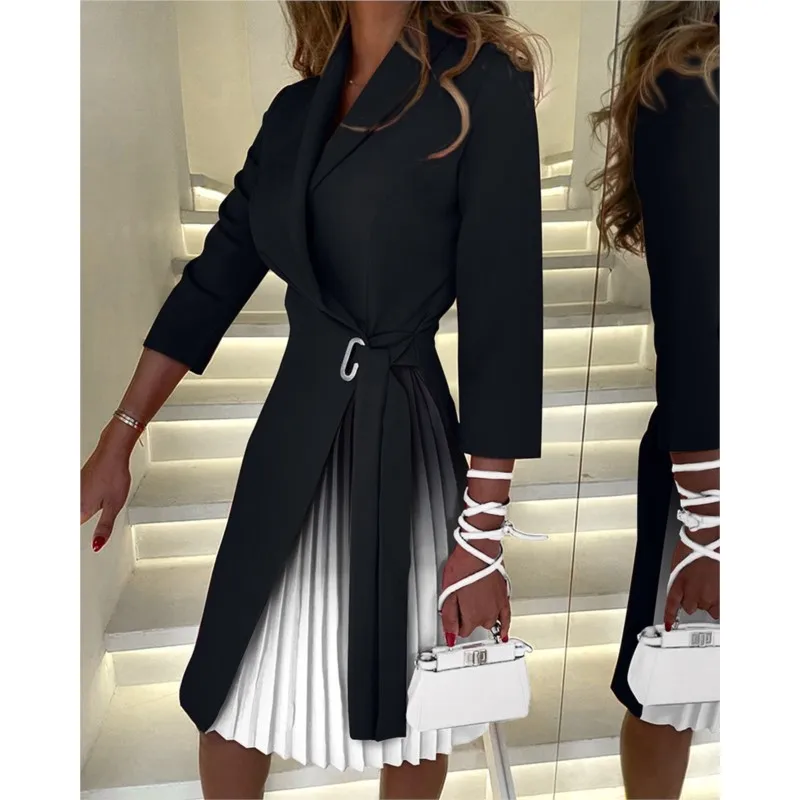 

Autumn Colorful Tie Dye Women's Dress Commuter Lapel Neck Long Sleeves Fashion Tie Up Waist Dress Contrasting Color Pleats Dress