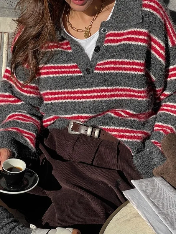 

Retro Striped Color Blo Women's Knitwear Chic Lazy Sle Autumn Winter New Design Knitted Top Quali Material 00% Other