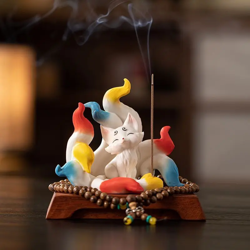 Ceramic fox tea pet ornament Chinese Zen tea table ornament Lucky nine-tailed fox incense insert ornament