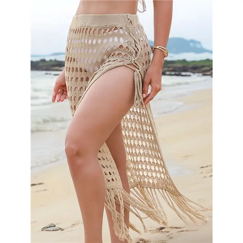 AS98 - Copricostume da donna estivo in maglia traforata all'uncinetto, gonna lunga con nappe