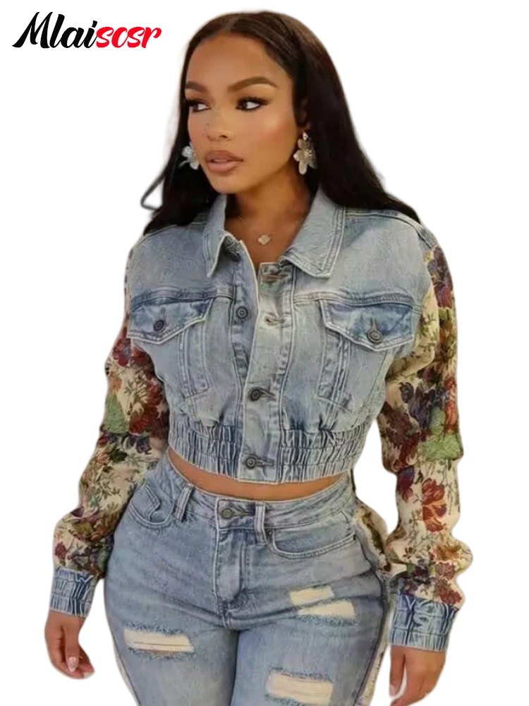 Mlaiscsr Vintage Print Patchwork Stretch Denim Coat Women Clothes Long Sleeve Lapel Single Breasted Short Jacket Jean Crop Tops