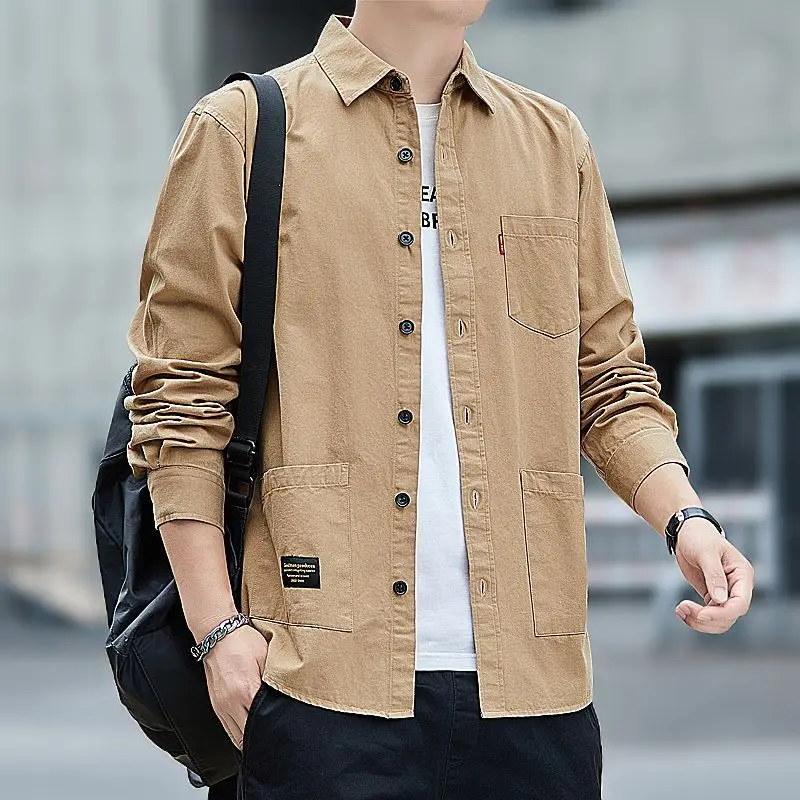 Men's Pure Cotton Long Sleeve Work Shirt Casual Fashion Outerwear with Multiple Pockets Multi-Functional Men's Casual Shirt