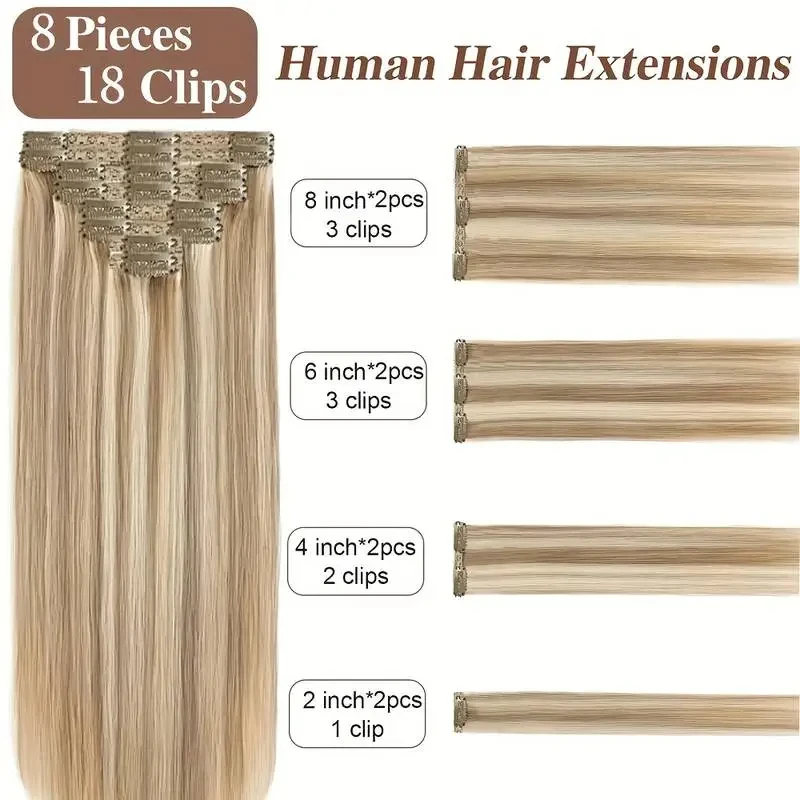 8Pcs Clip In Hair Extensions 100% Real Human Hair P8/613 Color Brown Highlight Blonde For Women Daily Use Real Easy Wear To Go