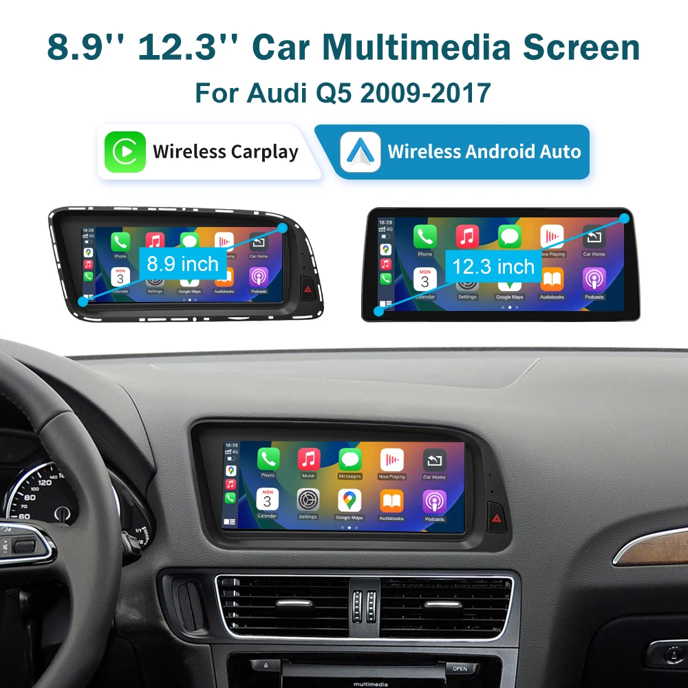 RoadTop 12,3 Zoll Wireless CarPlay Multimedia Ultradünner Bildschirm Android Auto Für Audi Q5 2009-2017 Airplay Autolink Funktion