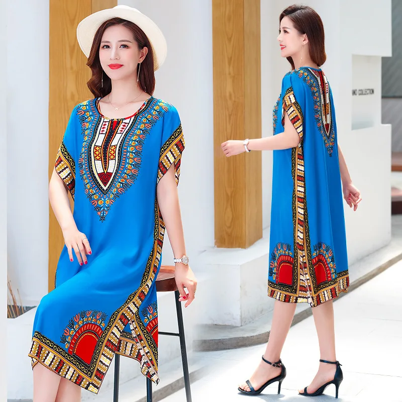 Summer Cotton Linen Dress Women's Mid-Length Batwing Sleeve Loose Plus Size Beach Dress Mom Style Tummy Control Slim Fit