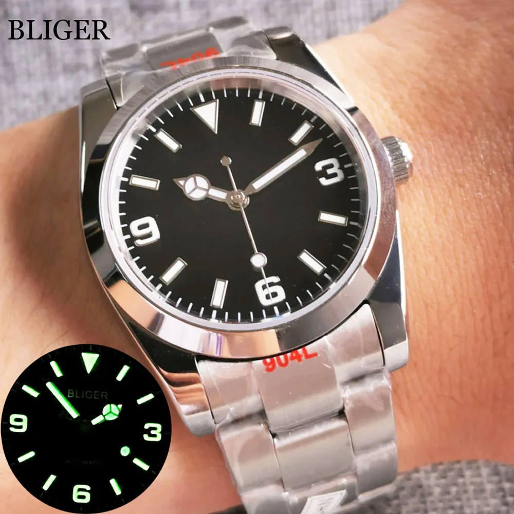 BLIGER 36mm 39mm NH35A MIYOTA 8215 PT5000 Automatic Men Watch Sapphire Crystal Green Lume Stainless Steel Sliding Buckle