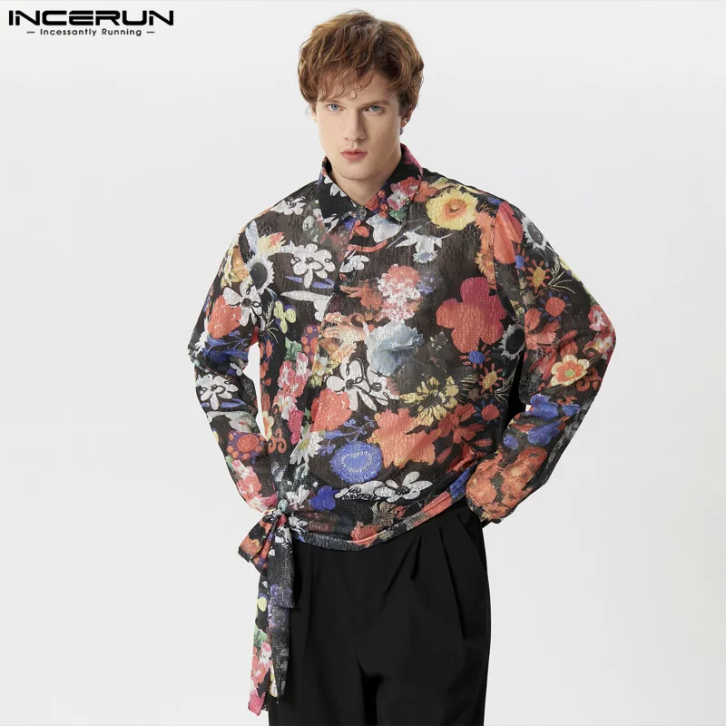 INCERUN-Tops de encaje con estampado Floral para hombre, camisas de moda, ropa de calle informal, diseño de corbata cruzada, blusa cárdigan de manga larga, S-5XL, 2024