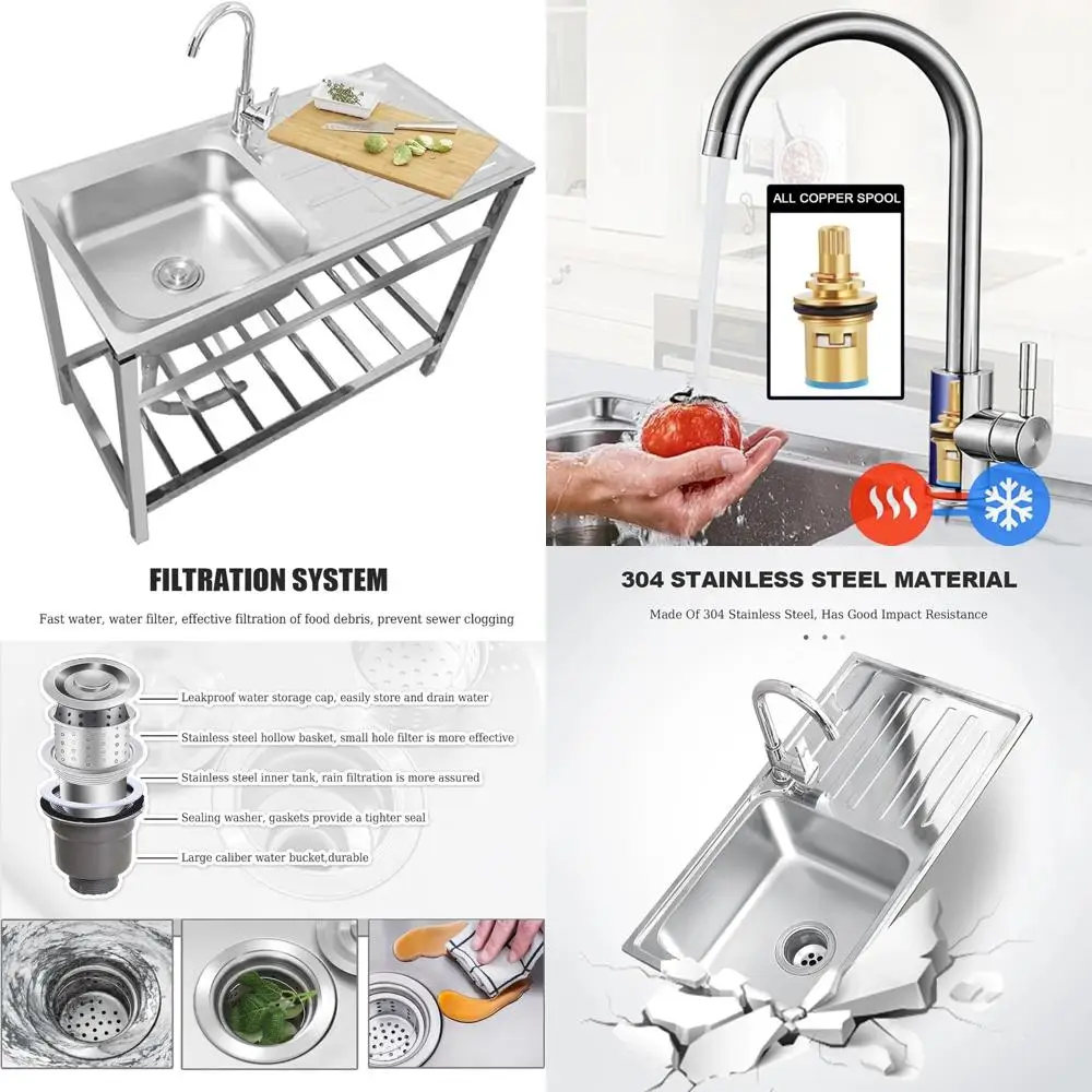 

Stainless Steel Single Bowl Utility Sink with Hot/Cold Faucet, Storage Shelves for Outdoor Kitchen Use