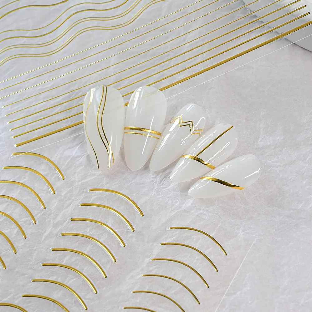 1Pcs 3D 골드 프렌치 라인 네일 스티커 금속 곡선/기하학적 스트라이프/웨이브 자체 접착 데칼 럭셔리 매니큐어 장식 슬라이더