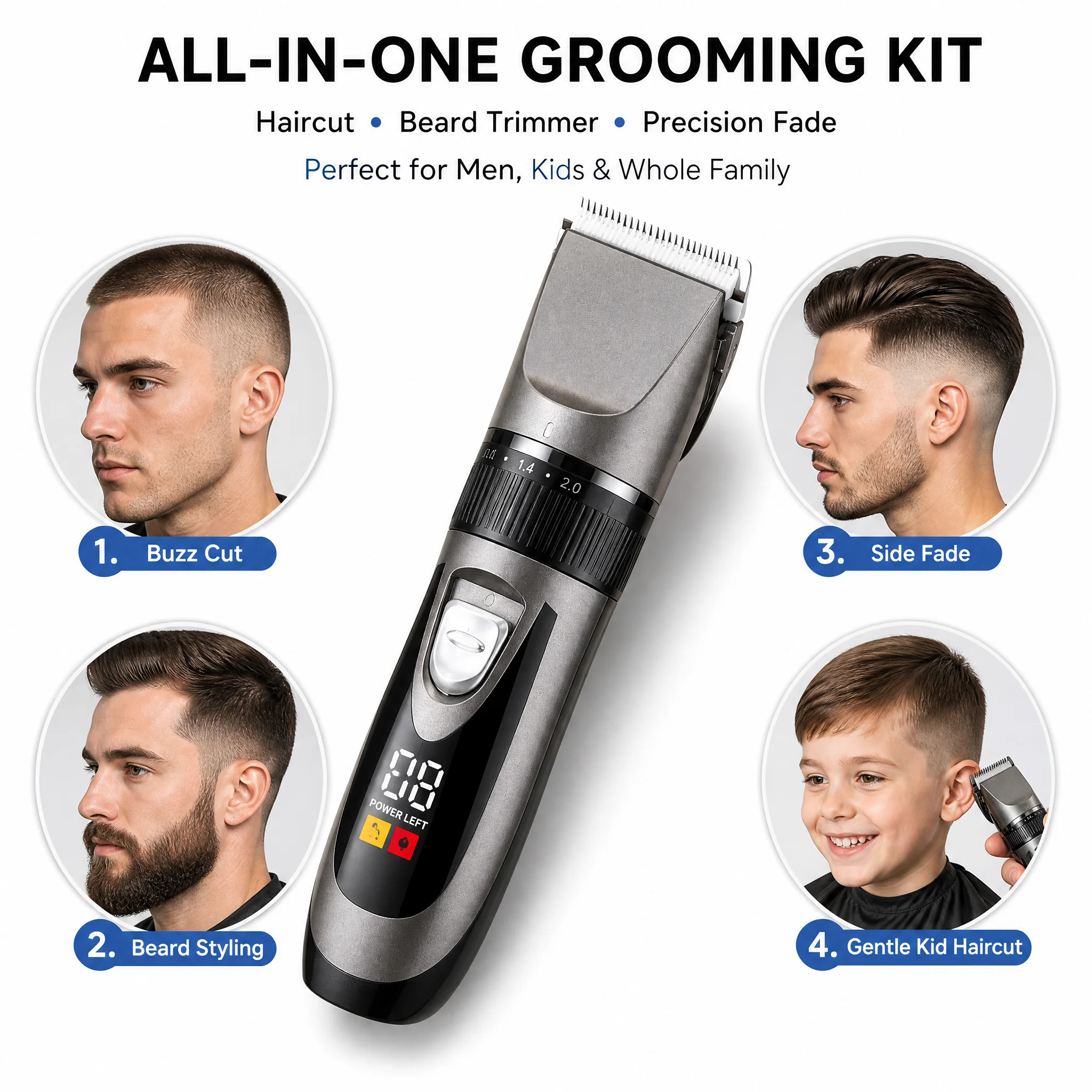 Men Professional Hair Clipper Kit Quiet Electric Hair Trimmer Ceramic Blade LCD Display Cordless Haircut Machine 4 Limit Combs