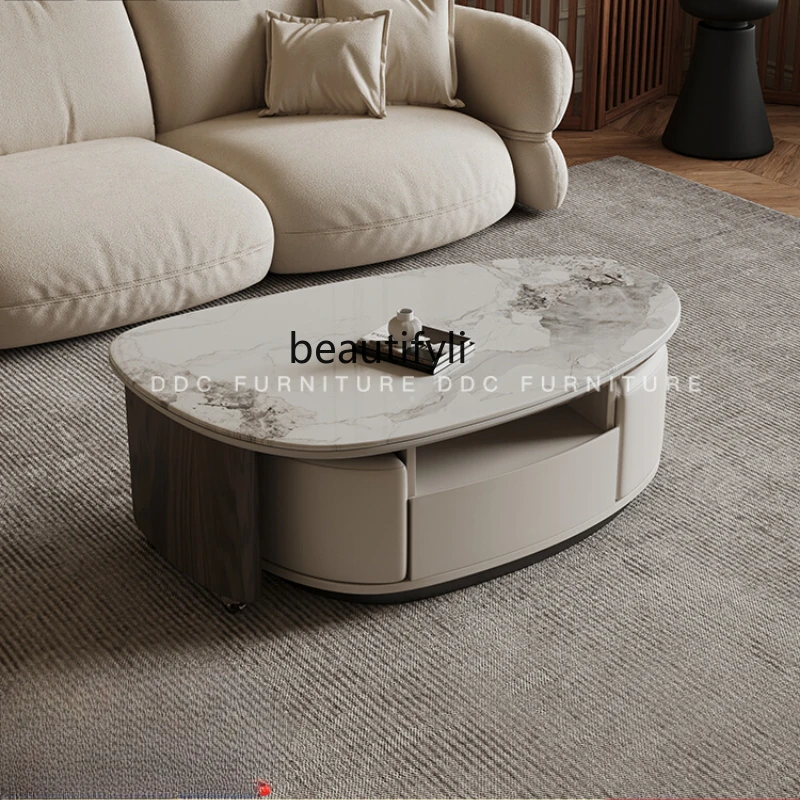 

Italian minimalist round rock slab living room home creative rotating coffee table