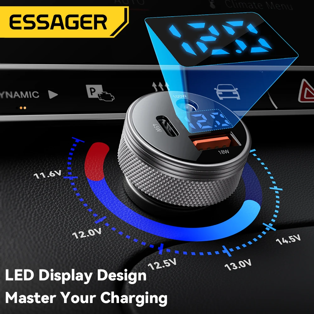Ładowarka samochodowa Essager 150W USB do Xiaomi iPhone Samsung Laptopy Tablety PD 3.0 Szybkie Ładowanie USB Typ C Cyfrowy Wyświetlacz Ładowarka Samochodowa — zdjęcie produktu 4