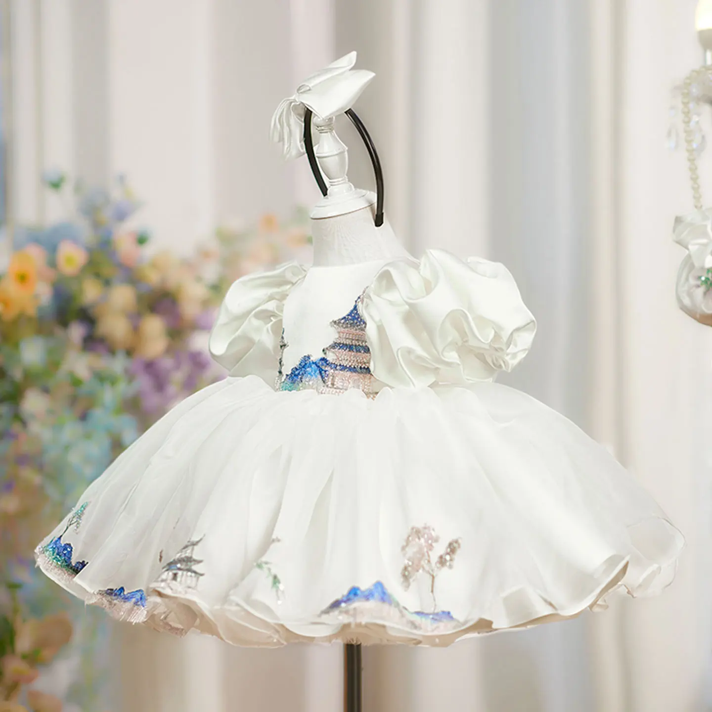 Dreamy Vow D228 Abito da ragazza di fiori ricamato di lusso al ginocchio Abito da principessa per bambini per matrimonio Compleanno Festival Festa Spettacolo